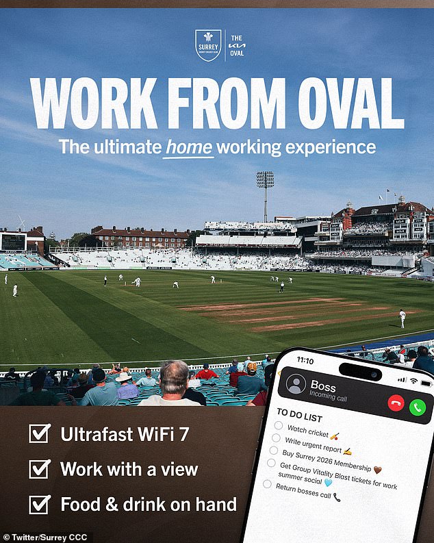 Working From… The Oval! Cricket fans are invited to bring laptops to the terraces and given desk access and super-fast WiFi to dupe their bosses
