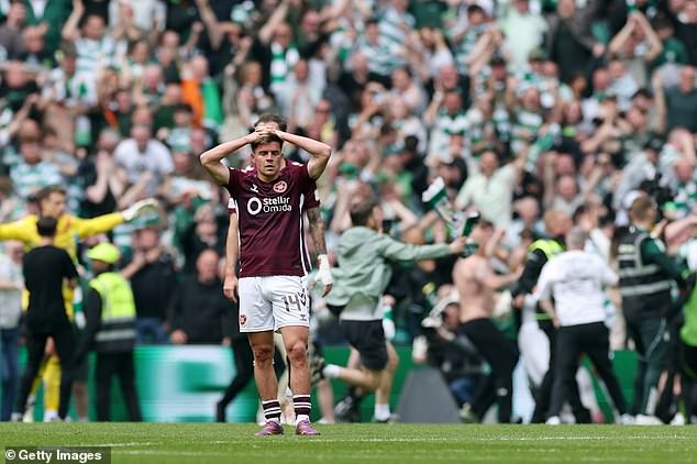 Celtic fans ATTACK Hearts players during wild pitch invasion after winning the league – with skipper Lawrence Shankland punched in shocking scenes