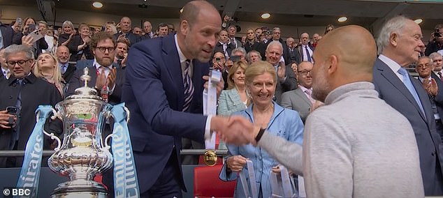 Revealed: Prince William’s cheeky message for Pep Guardiola as Man City boss celebrates winning his 20TH major trophy since joining the club a decade ago – and the Aston Villa-loving royal poses for a selfie with Rayan Cherki!